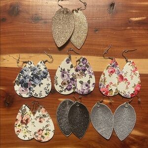 7 Pairs of Leather Teardrop Floral & Metallic Earrings